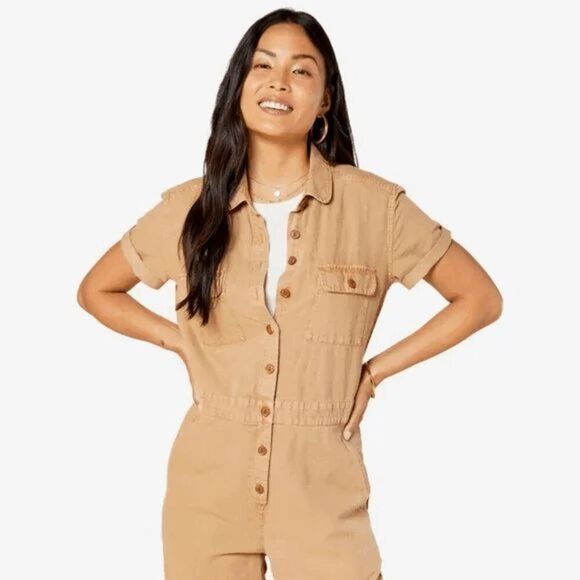 Outerknown S.E.A. Tan Sand Cotton Linen Jumpsuit Short Sleeve Medium - Picture 12 of 14